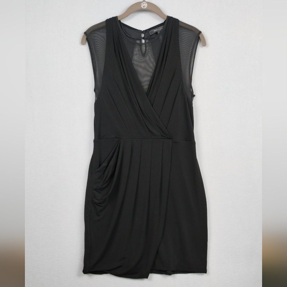 BCBGMaxAzria Womens Medium Mini Dress Black Sheer Panels Ruched Front Sleeveless
